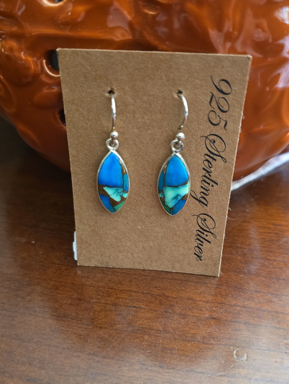 Sterling Silver Peacock Turquoise Inlay Drop Earrings